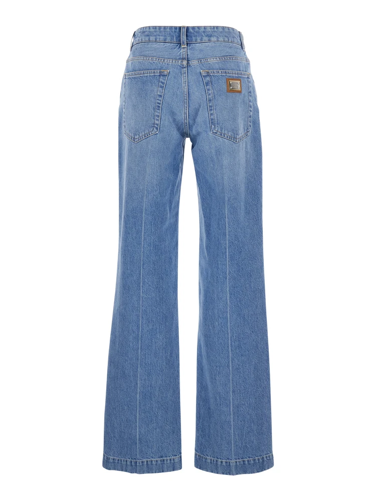 Blue Five Pocket Jeans with Metallic Logo Patch on the Back in Denim Woman alternative