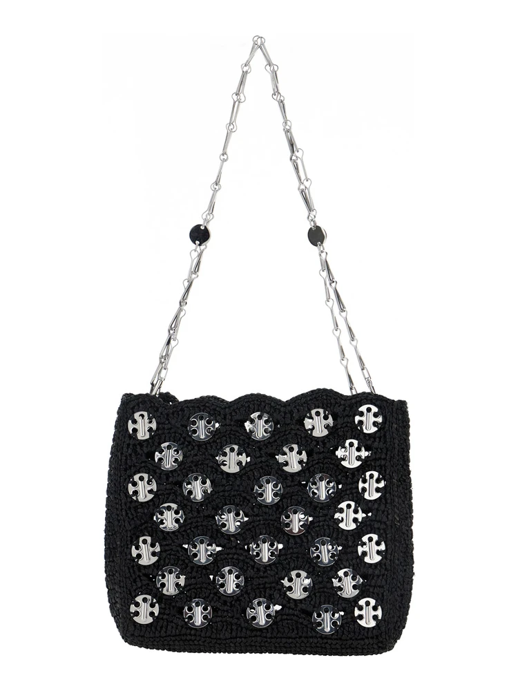 Iconic 1969 Black Shoulder Bag with Embedded  Metallic Discs in Raphia Woman