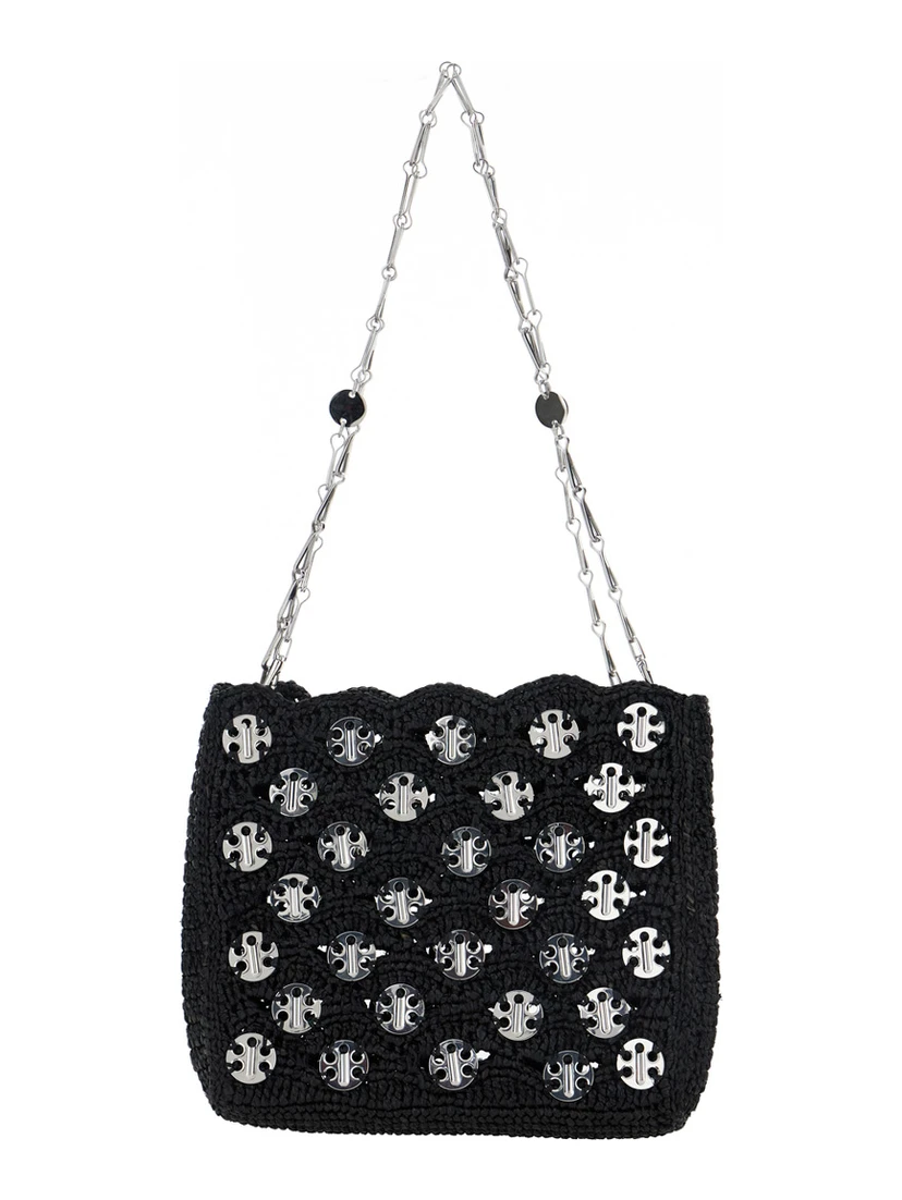 Iconic 1969 Black Shoulder Bag with Embedded  Metallic Discs in Raphia Woman