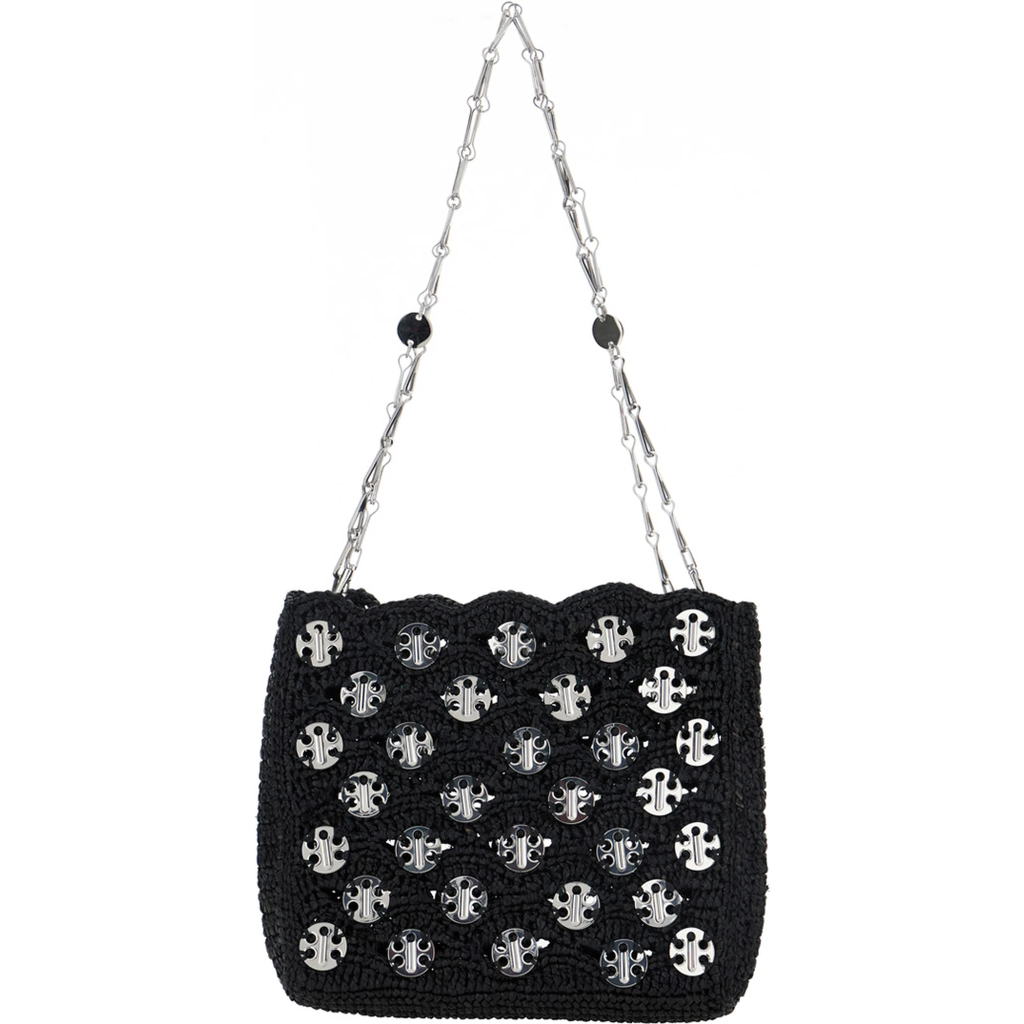 Iconic 1969 Black Shoulder Bag with Embedded  Metallic Discs in Raphia Woman