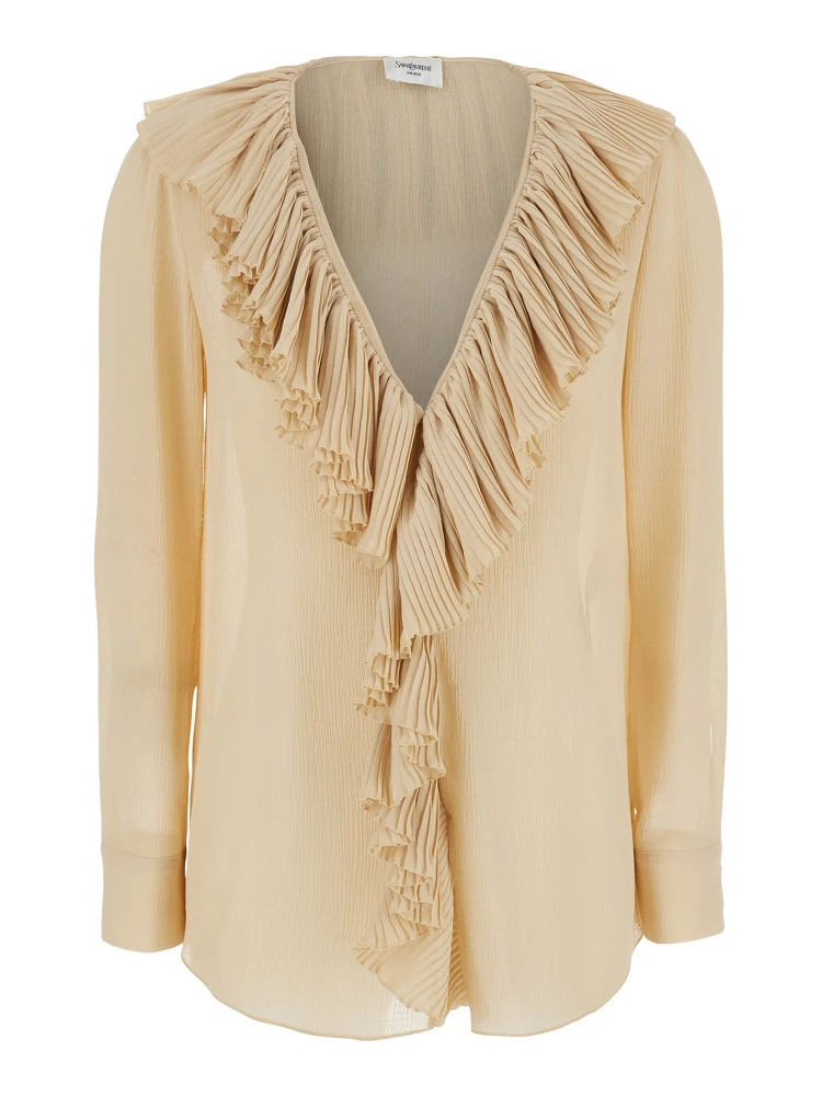 Beige Blouse with V Neck and Ruffles on Front and Rear in Silk Woman