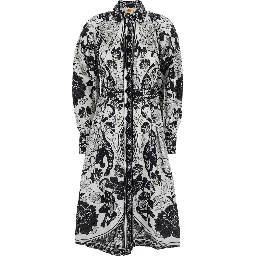 Black and White Long Dress with High Neck and All-Over Floral Print in Cotton Woman