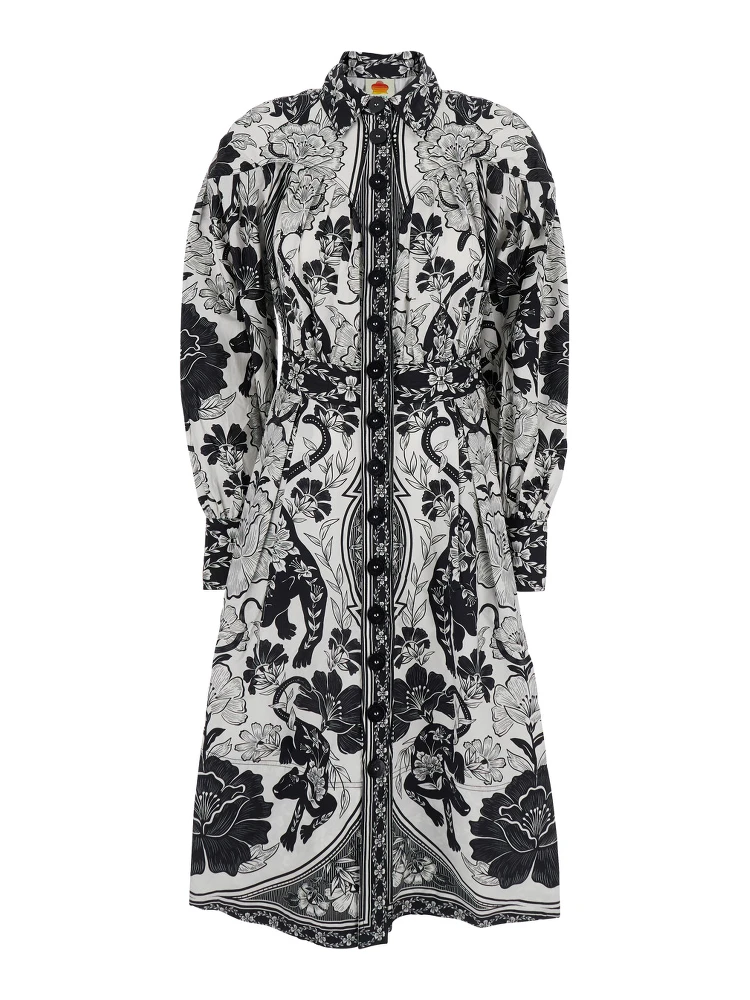 Black and White Long Dress with High Neck and All-Over Floral Print in Cotton Woman