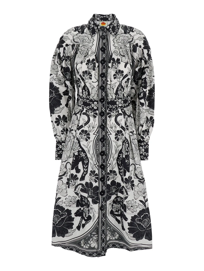 Black and White Long Dress with High Neck and All-Over Floral Print in Cotton Woman