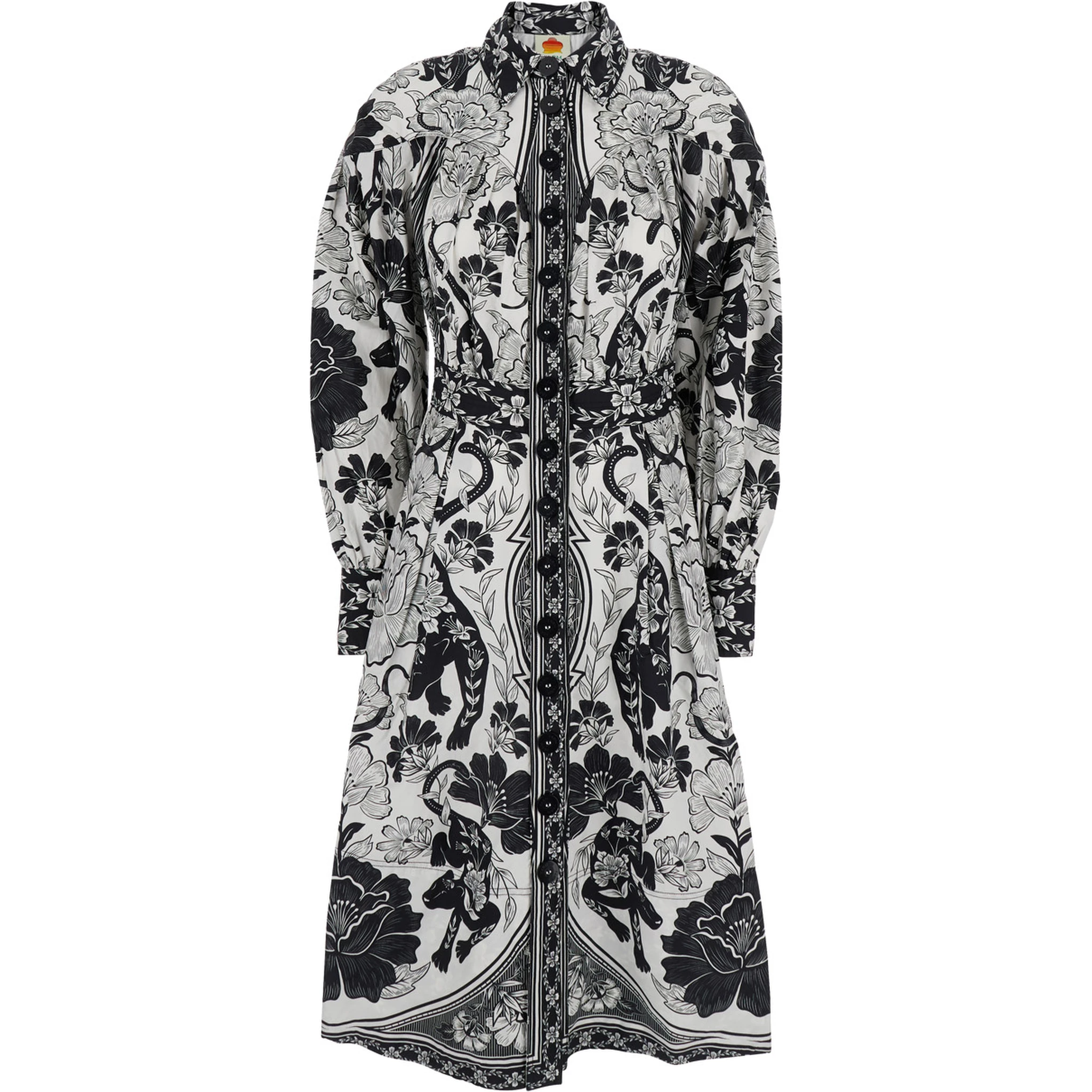 Black and White Long Dress with High Neck and All-Over Floral Print in Cotton Woman