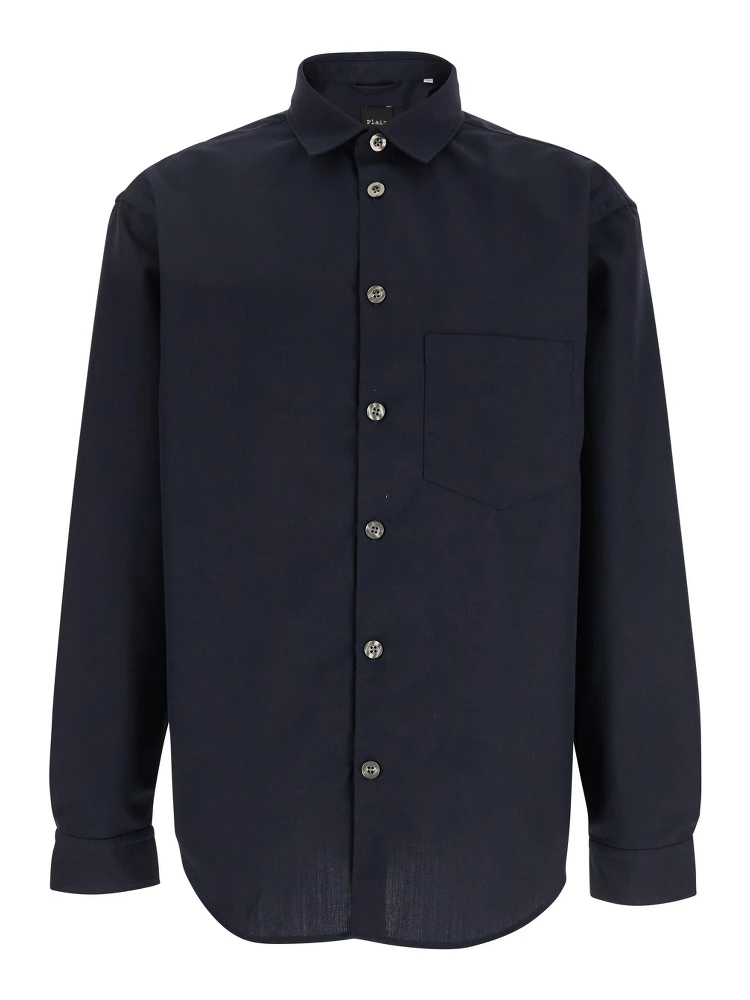 Blue Shirt with Classic Collar in Virgin Wool Blend Man