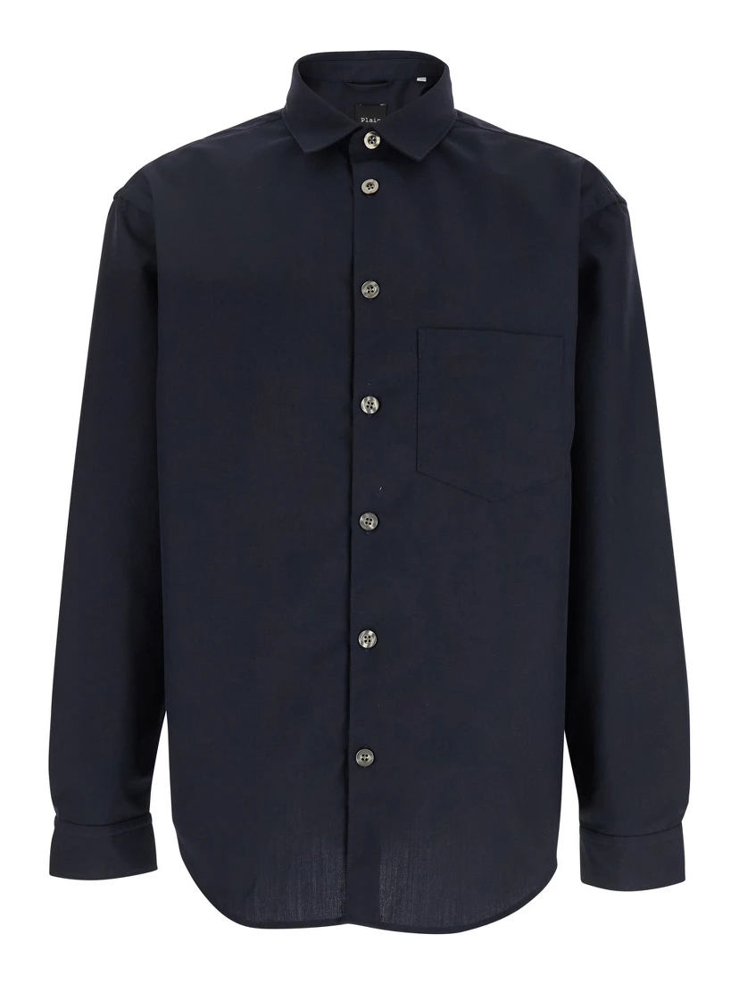 Blue Shirt with Classic Collar in Virgin Wool Blend Man
