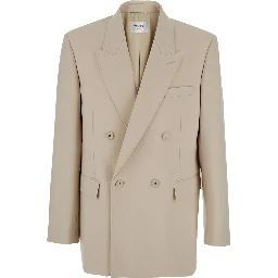 Beige Double-Breasted Jacket with Peak Revers in Wool Man