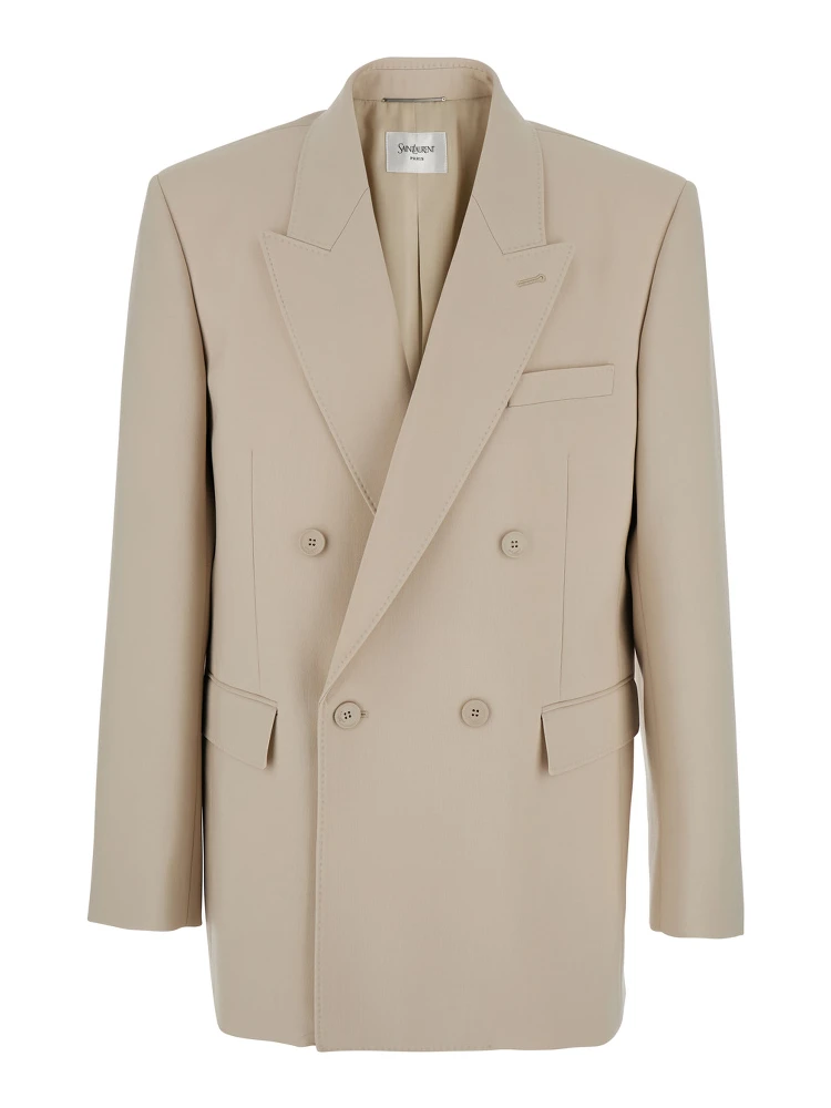 Beige Double-Breasted Jacket with Peak Revers in Wool Man