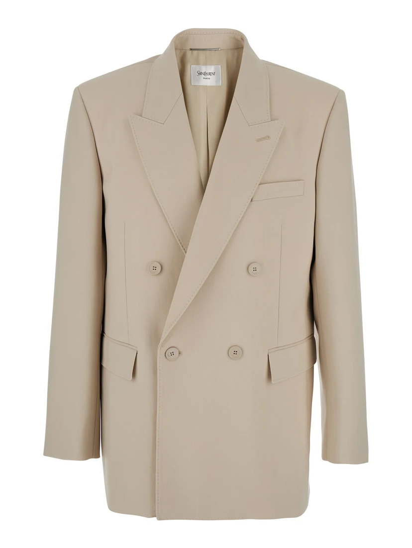 Beige Double-Breasted Jacket with Peak Revers in Wool Man