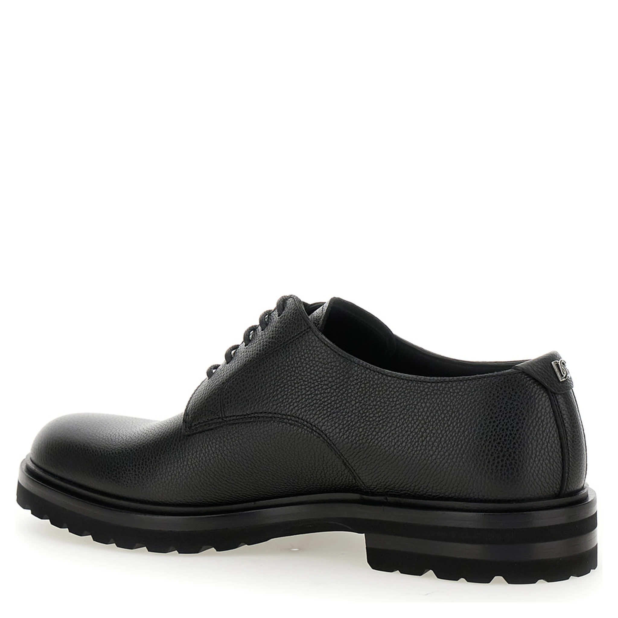 Altavilla Black Derby Lace-Up Shoes with Metal DG Logo on Heel in Brushed Leather Man