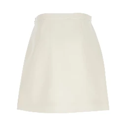 White Flared Miniskirt with Front Jewel Buttons in Wool and Silk Woman