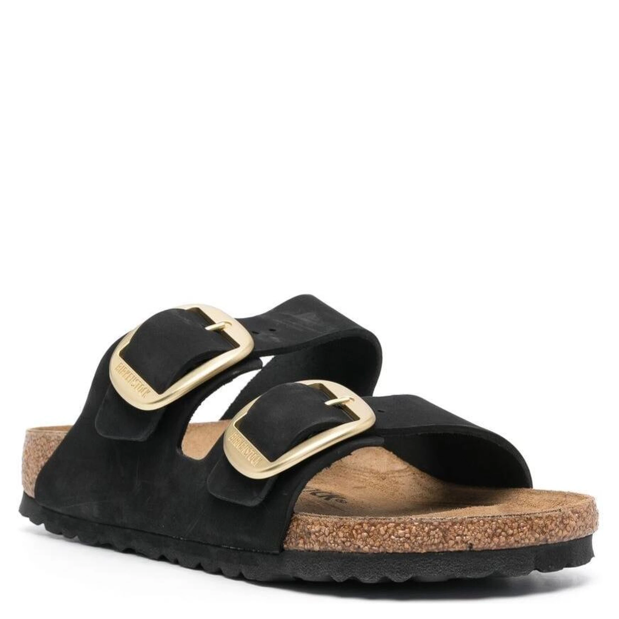 Black Arizona Strap-Sandals with Golden-tone Buckle in Leather