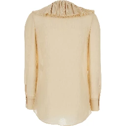 Beige Blouse with V Neck and Ruffles on Front and Rear in Silk Woman