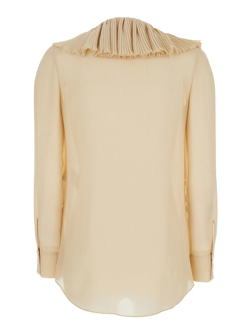 Beige Blouse with V Neck and Ruffles on Front and Rear in Silk Woman