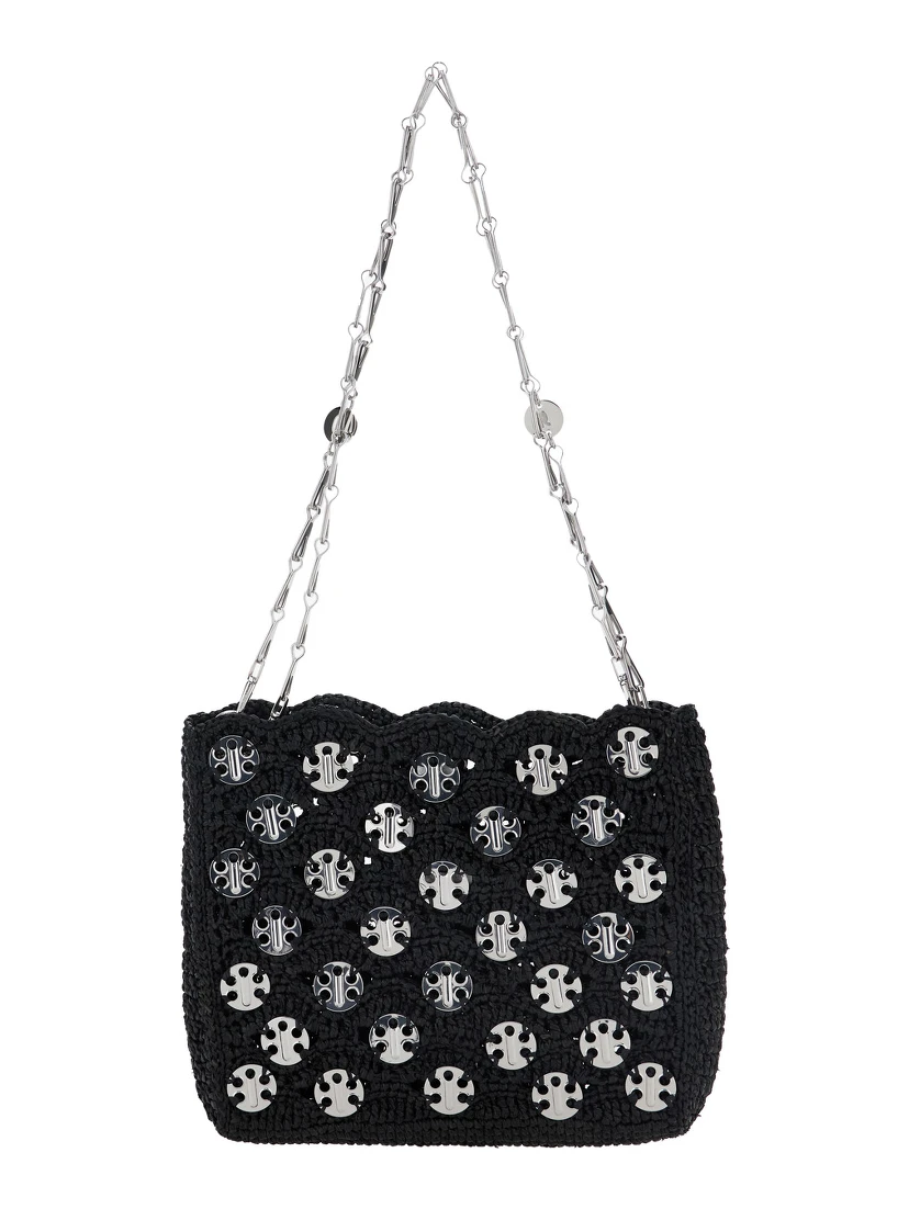 Iconic 1969 Black Shoulder Bag with Embedded  Metallic Discs in Raphia Woman