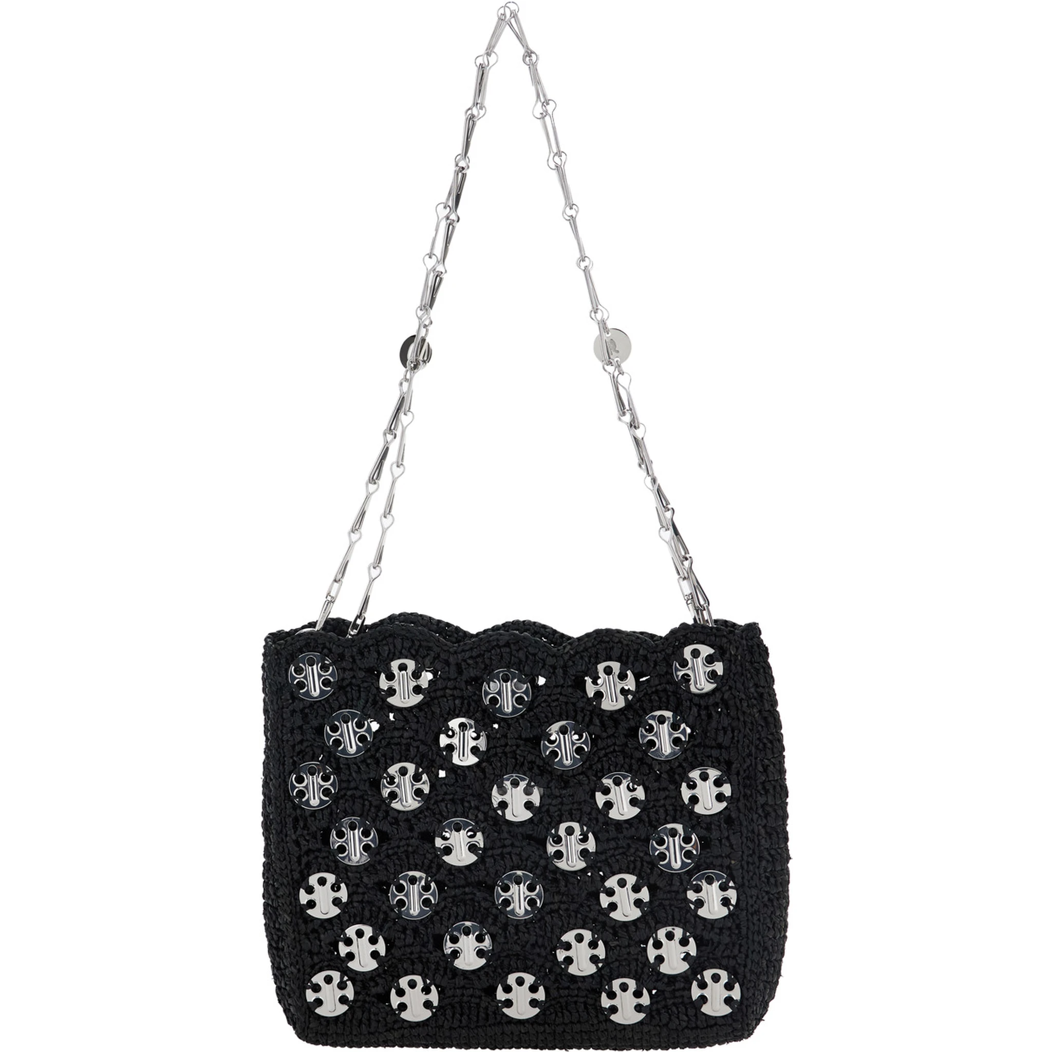 Iconic 1969 Black Shoulder Bag with Embedded  Metallic Discs in Raphia Woman