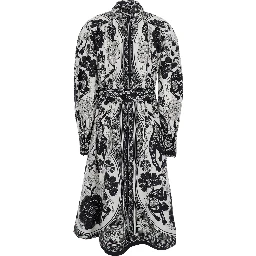 Black and White Long Dress with High Neck and All-Over Floral Print in Cotton Woman