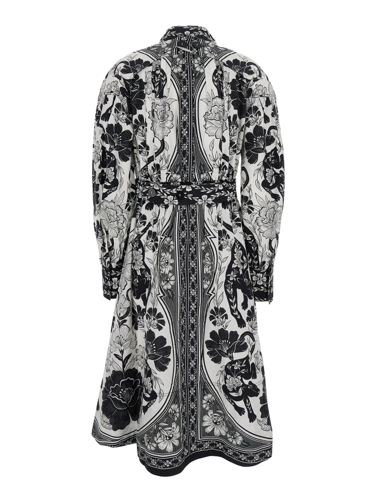 Black and White Long Dress with High Neck and All-Over Floral Print in Cotton Woman alternative