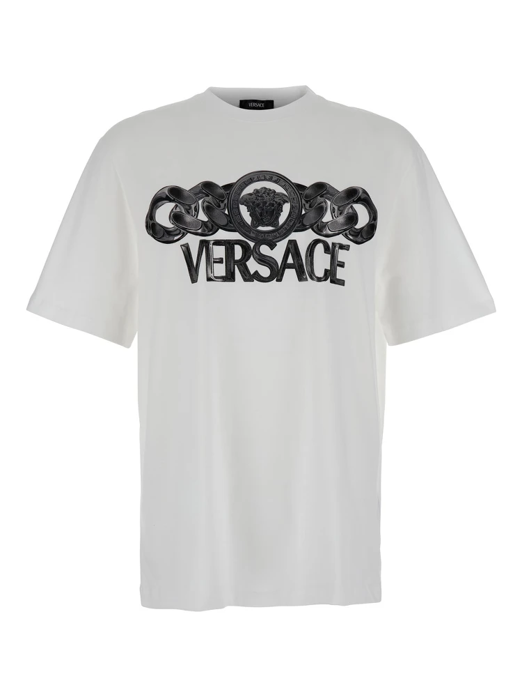 White T-Shirt with Medusa Head Logo Print on the Front in Cotton Man