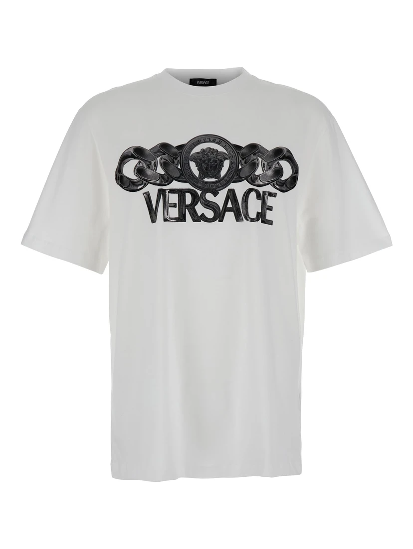 White T-Shirt with Medusa Head Logo Print on the Front in Cotton Man
