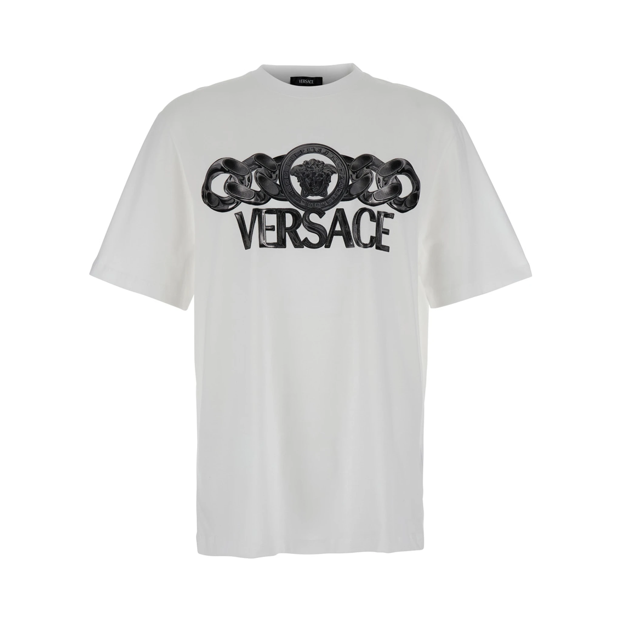 White T-Shirt with Medusa Head Logo Print on the Front in Cotton Man