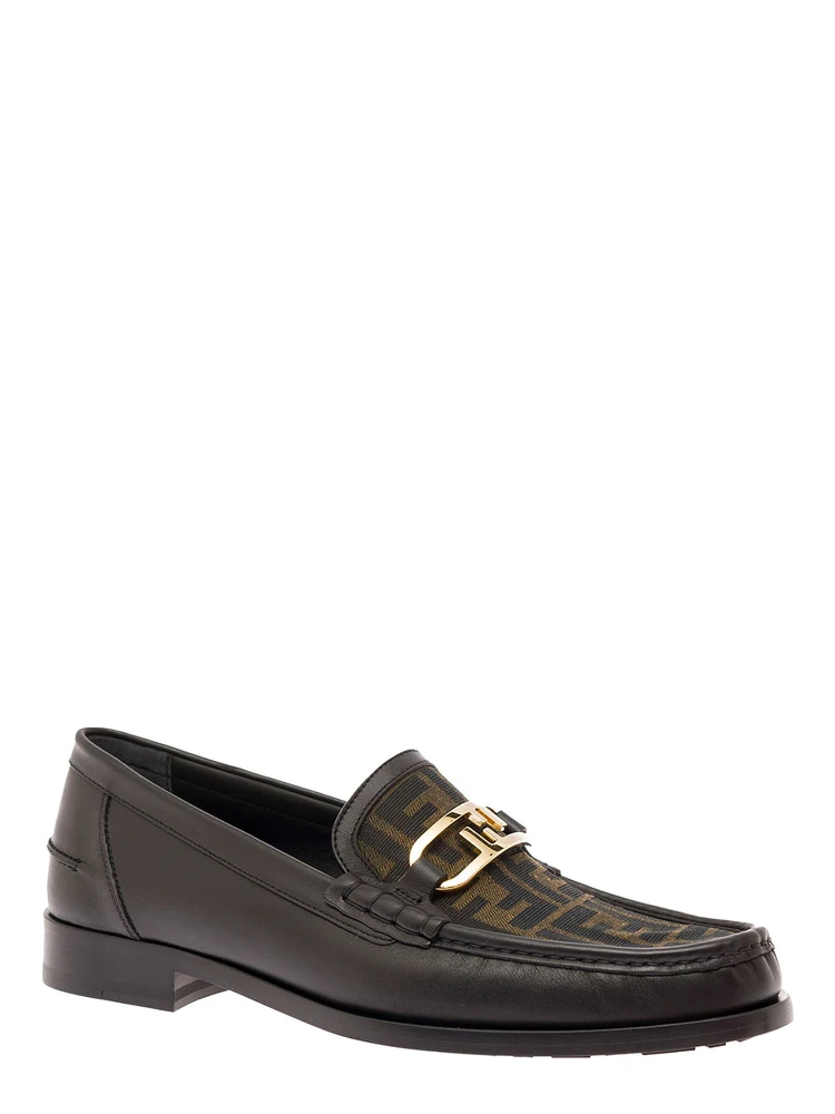 Black Loafers with FF Logo Plaque and All-Over FF Motif in Leather Man alternative
