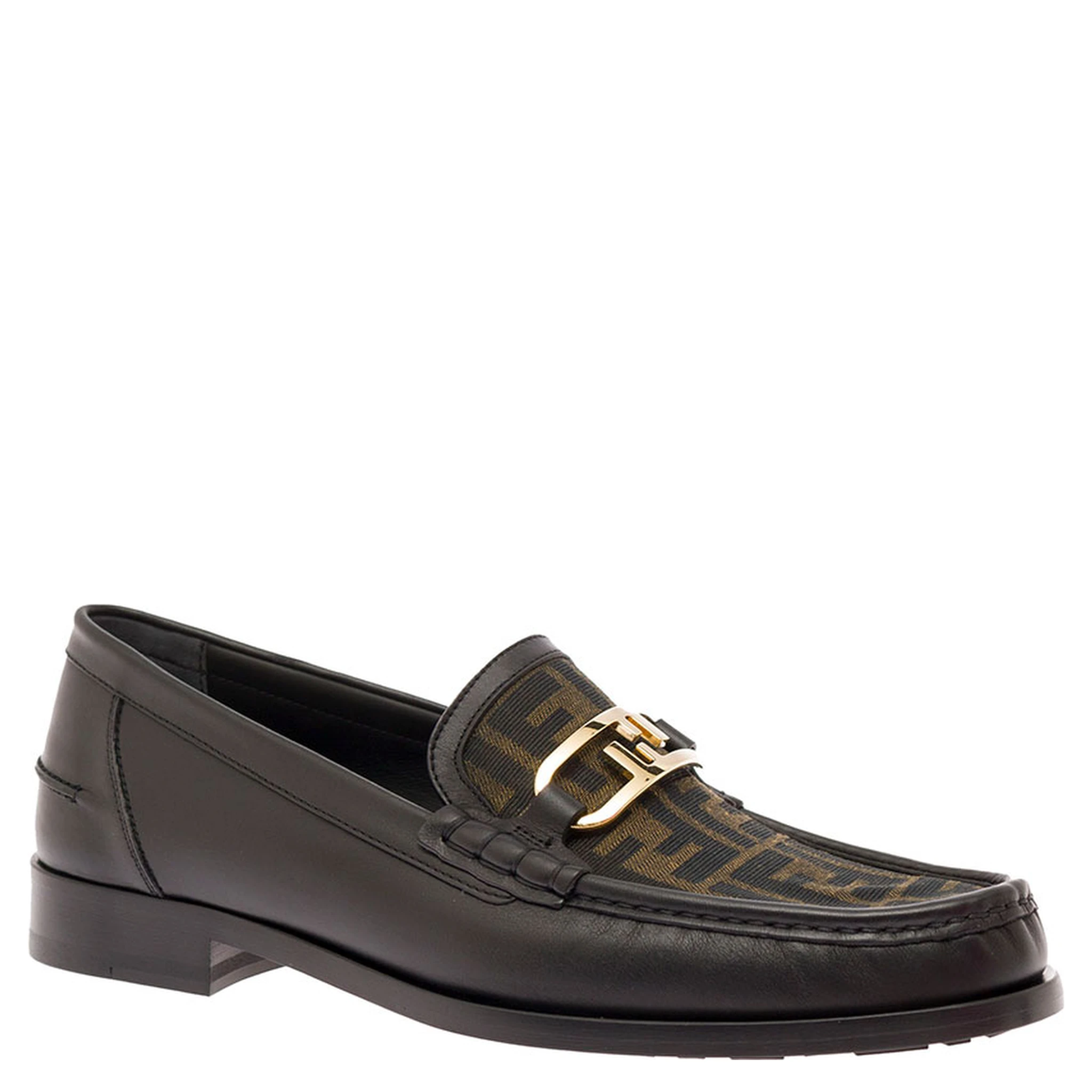 Black Loafers with FF Logo Plaque and All-Over FF Motif in Leather Man