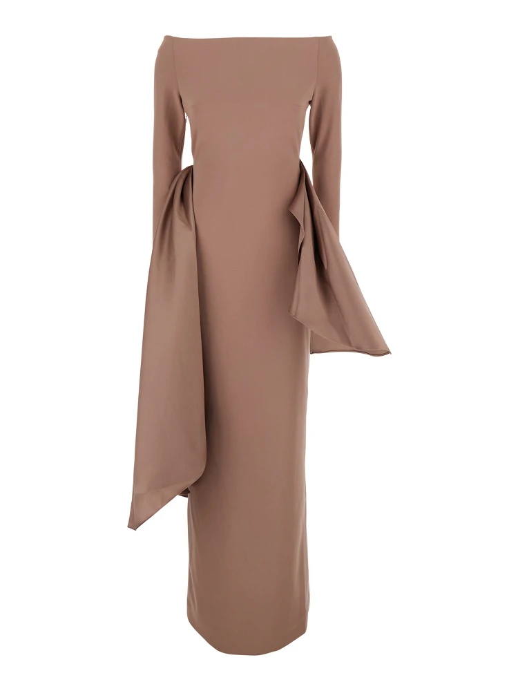 Kiana Brown Long Dress with Boat Neckline and Maxi Draped Detail in Tech Fabric Stretch Woman