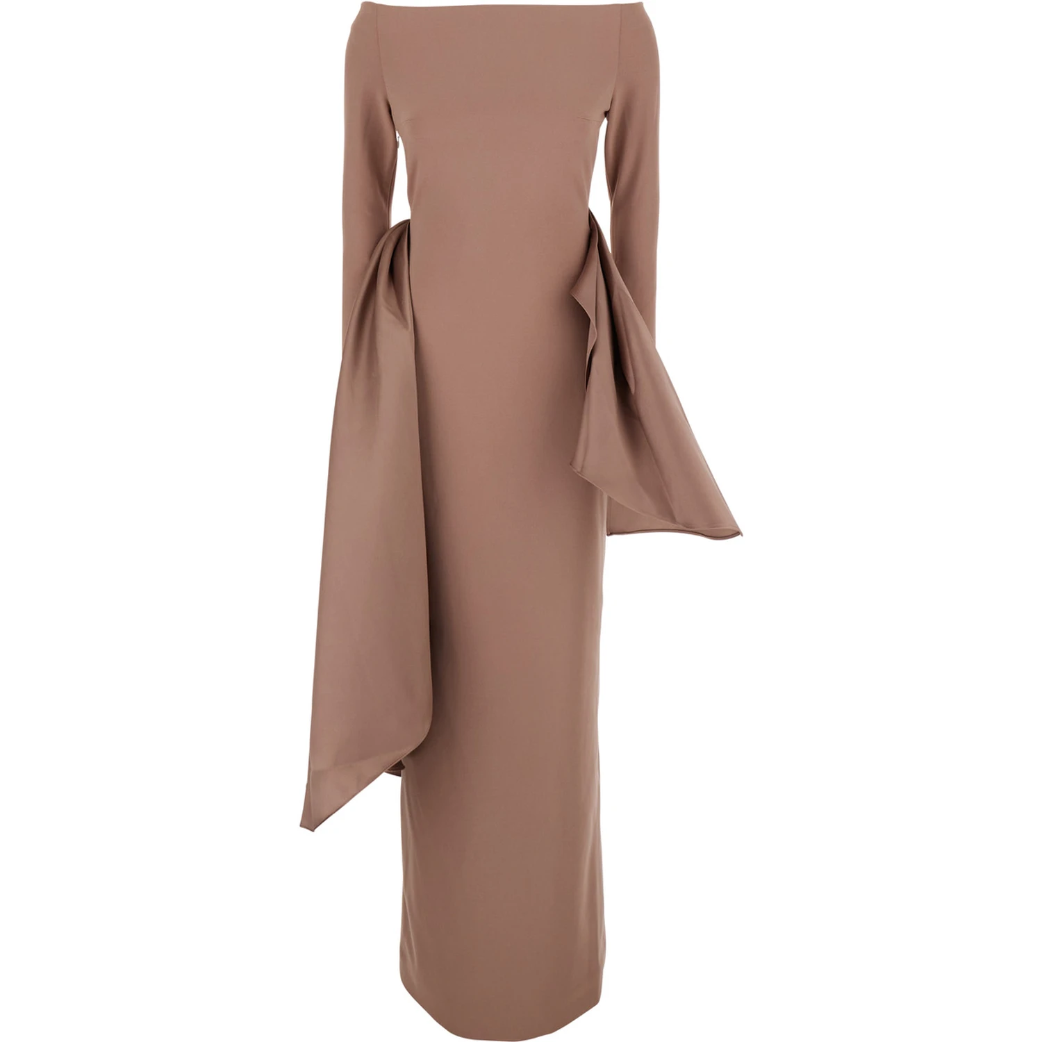 Kiana Brown Long Dress with Boat Neckline and Maxi Draped Detail in Tech Fabric Stretch Woman