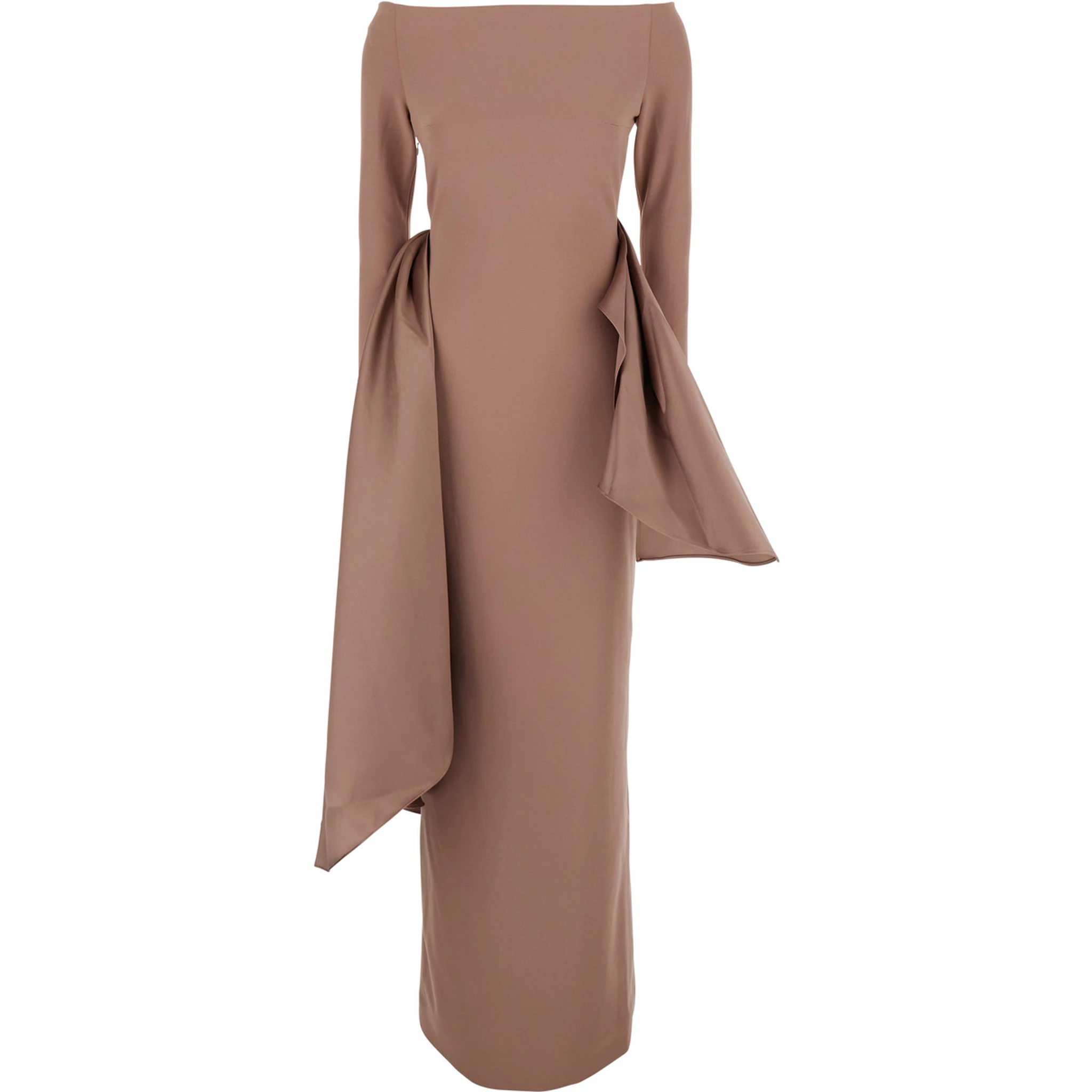 Kiana Brown Long Dress with Boat Neckline and Maxi Draped Detail in Tech Fabric Stretch Woman