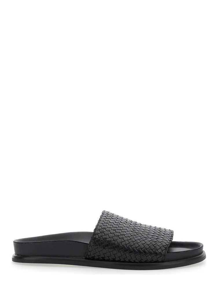 Black Sandals with Braided Design in Leather Woman