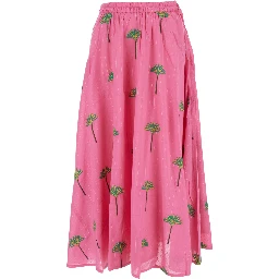 Pink Skirt with Elastic Drawstring Waist and All-Over Embroidery in Cotton Woman