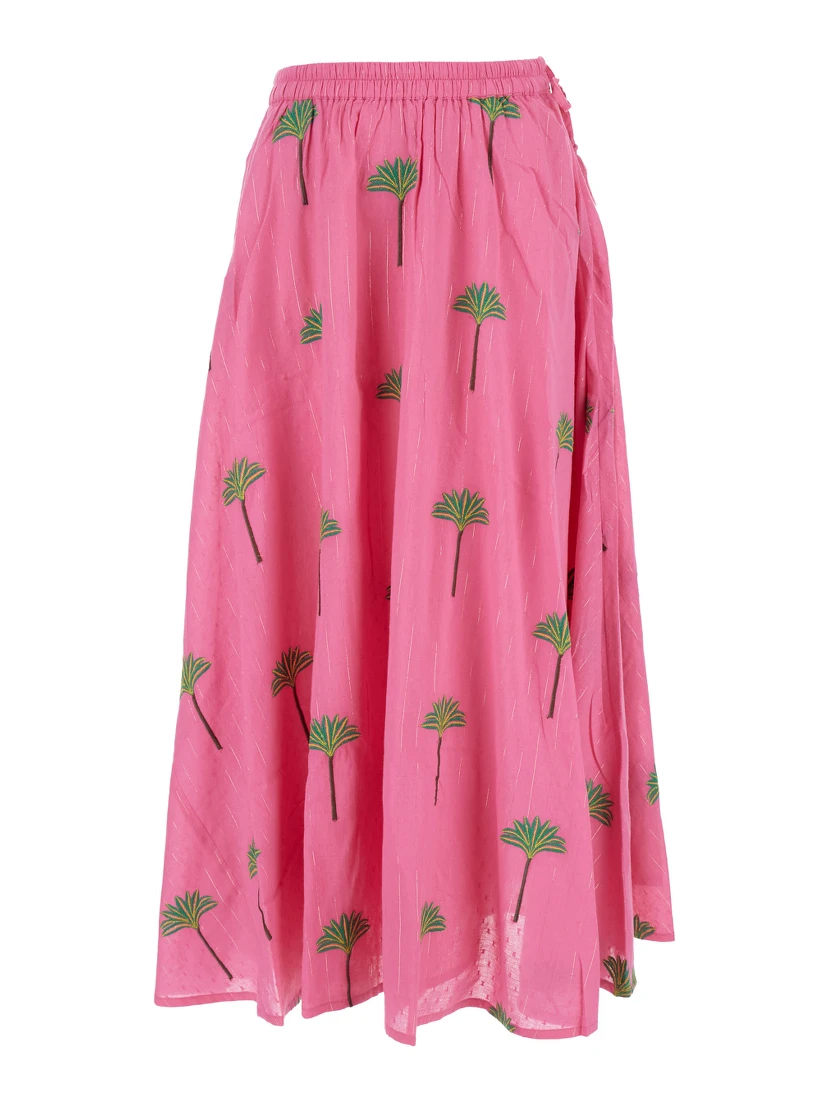 Pink Skirt with Elastic Drawstring Waist and All-Over Embroidery in Cotton Woman
