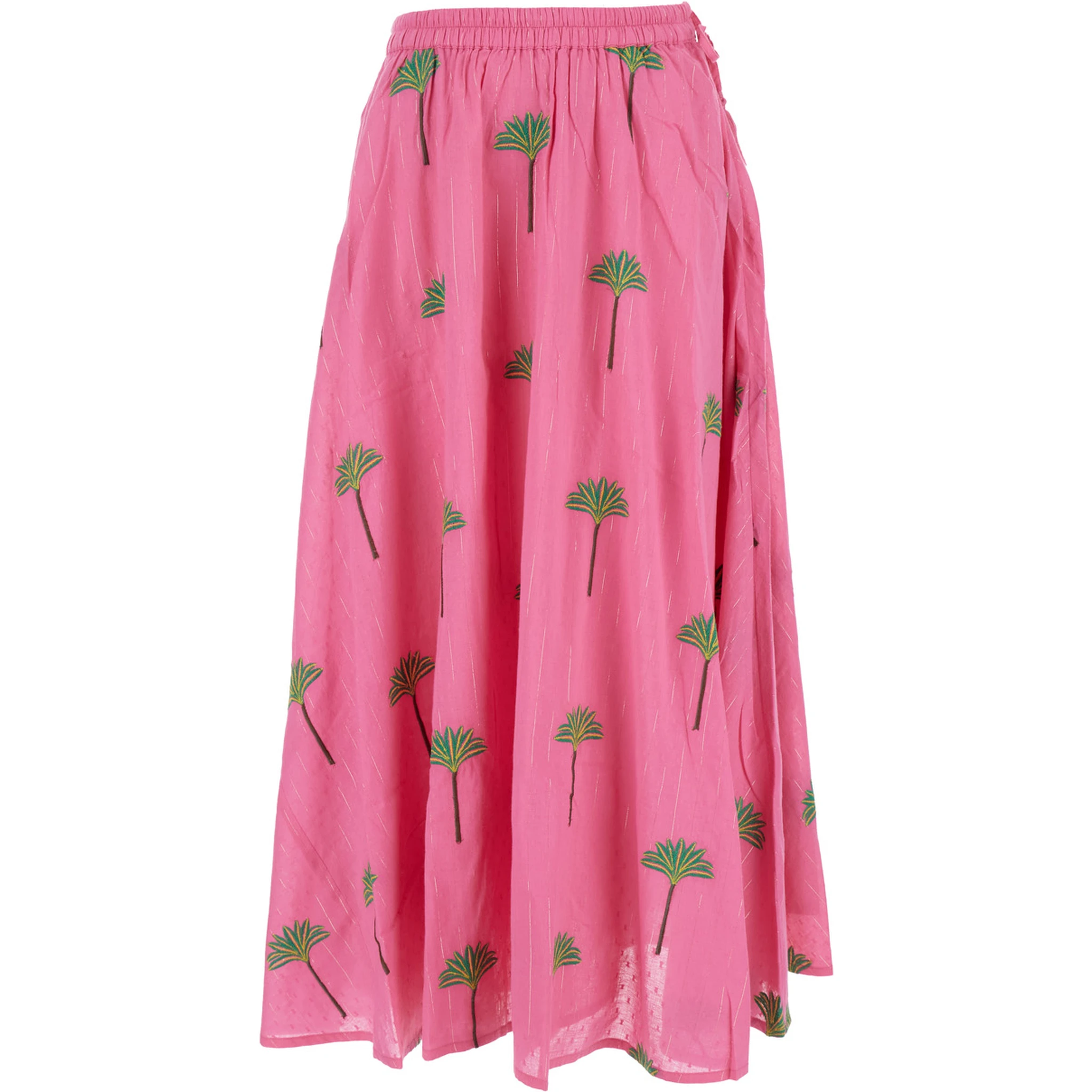 Pink Skirt with Elastic Drawstring Waist and All-Over Embroidery in Cotton Woman