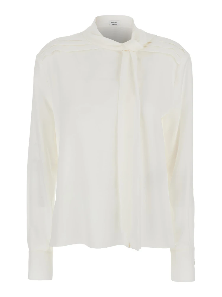 White Blouse with Scarf Detail on the Front in Silk Woman