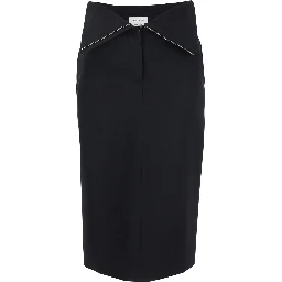 Black Skirt with Foldover Waist and Rear Single Slit in Wool Woman