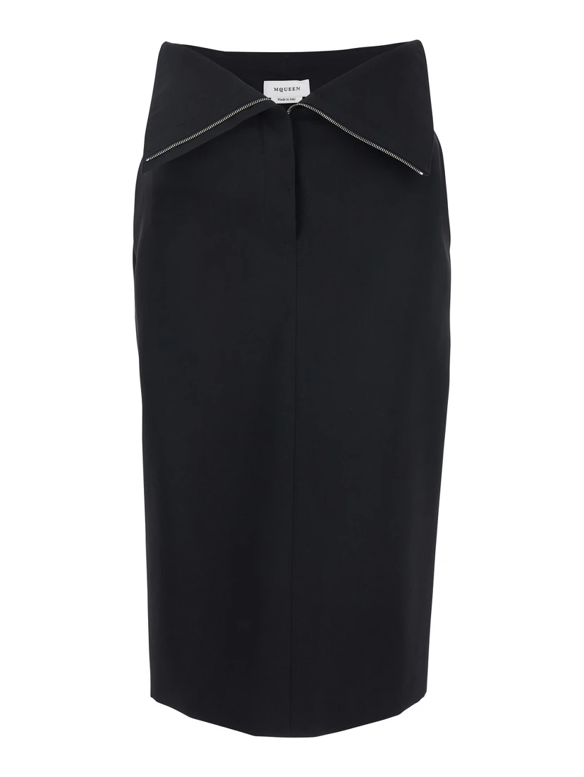 Black Skirt with Foldover Waist and Rear Single Slit in Wool Woman