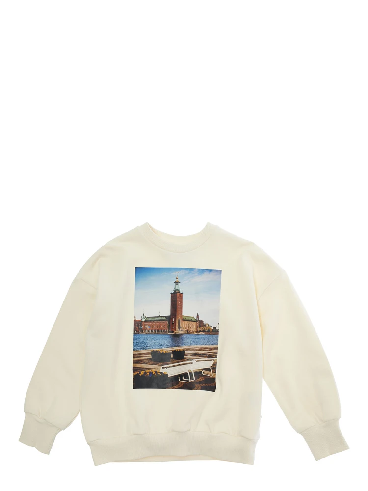 City Hall White Crewneck Sweatshirt with Maxi Print on the Front in Cotton Boy