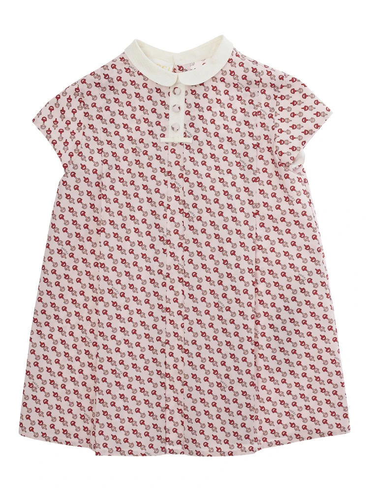 Multicolor Dress with Peter Pan Collar and All-Over Micro Horsebit Print in Cotton Baby