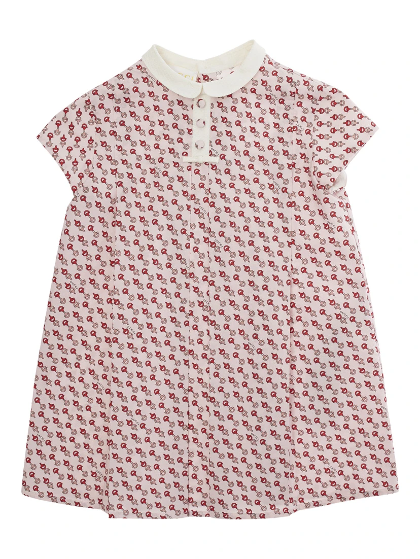 Multicolor Dress with Peter Pan Collar and All-Over Micro Horsebit Print in Cotton Baby