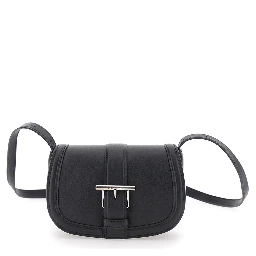 Satchel Mini Black Crossbody Bag with T-Buckle and Embossed Logo in Leather Woman