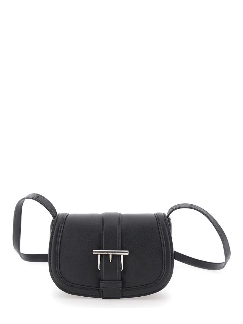 Satchel Mini Black Crossbody Bag with T-Buckle and Embossed Logo in Leather Woman