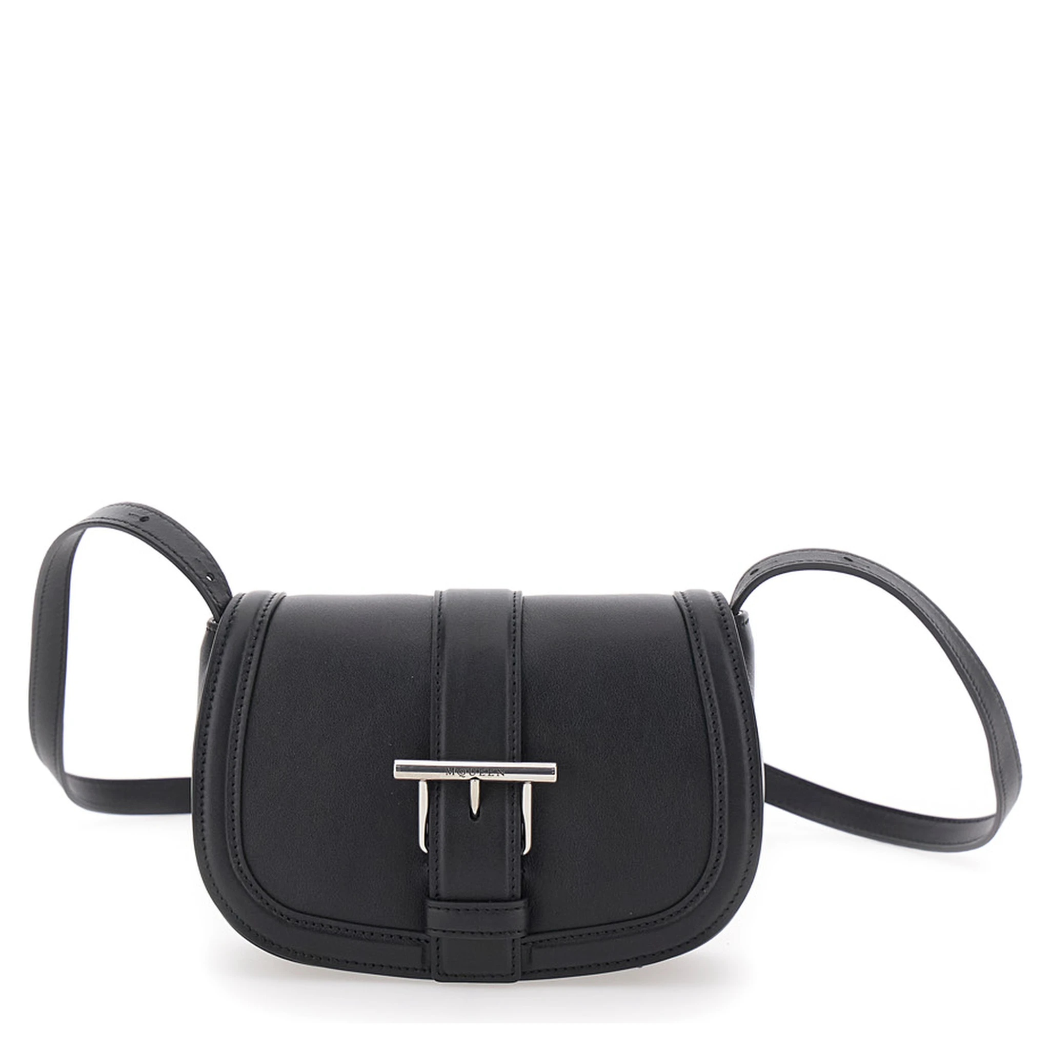 Satchel Mini Black Crossbody Bag with T-Buckle and Embossed Logo in Leather Woman