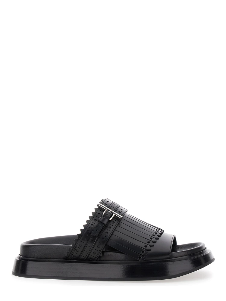 Black Sandals with Brogue T-Buckle Decorative Strap in Leather Woman