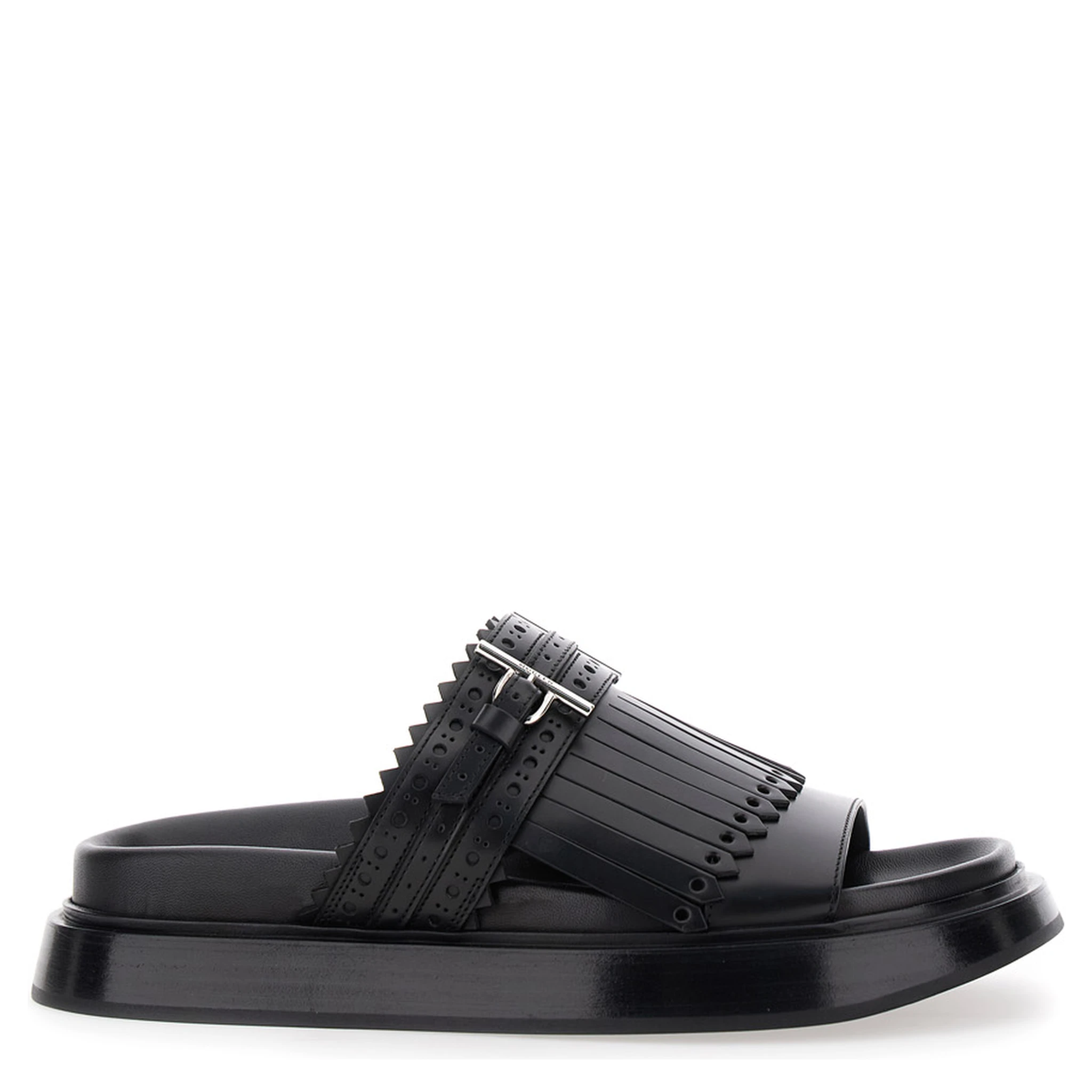 Black Sandals with Brogue T-Buckle Decorative Strap in Leather Woman