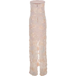 Pink Off-Shoulder Sleeveless Long Dress with All-Over Floral Embroidey and Rear Single Slit in Tech Fabric Stretch Woman