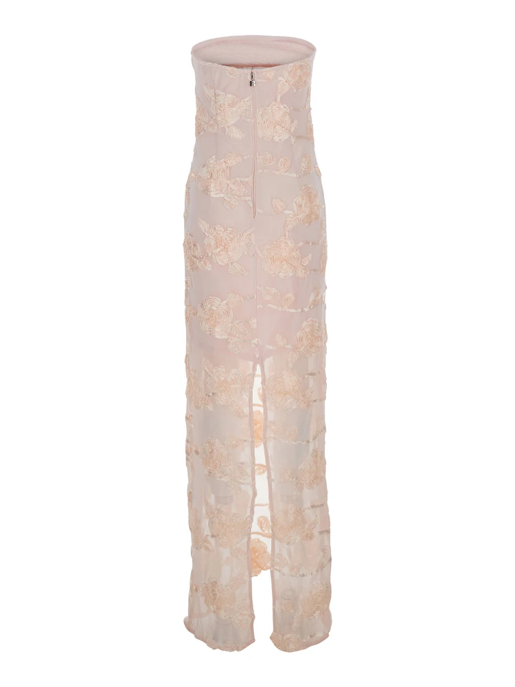 Pink Off-Shoulder Sleeveless Long Dress with All-Over Floral Embroidey and Rear Single Slit in Tech Fabric Stretch Woman