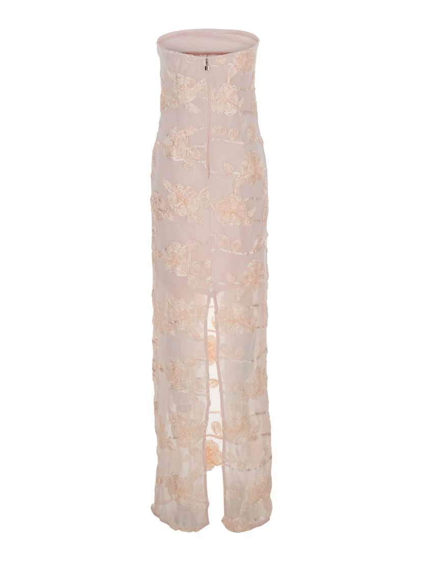 Pink Off-Shoulder Sleeveless Long Dress with All-Over Floral Embroidey and Rear Single Slit in Tech Fabric Stretch Woman