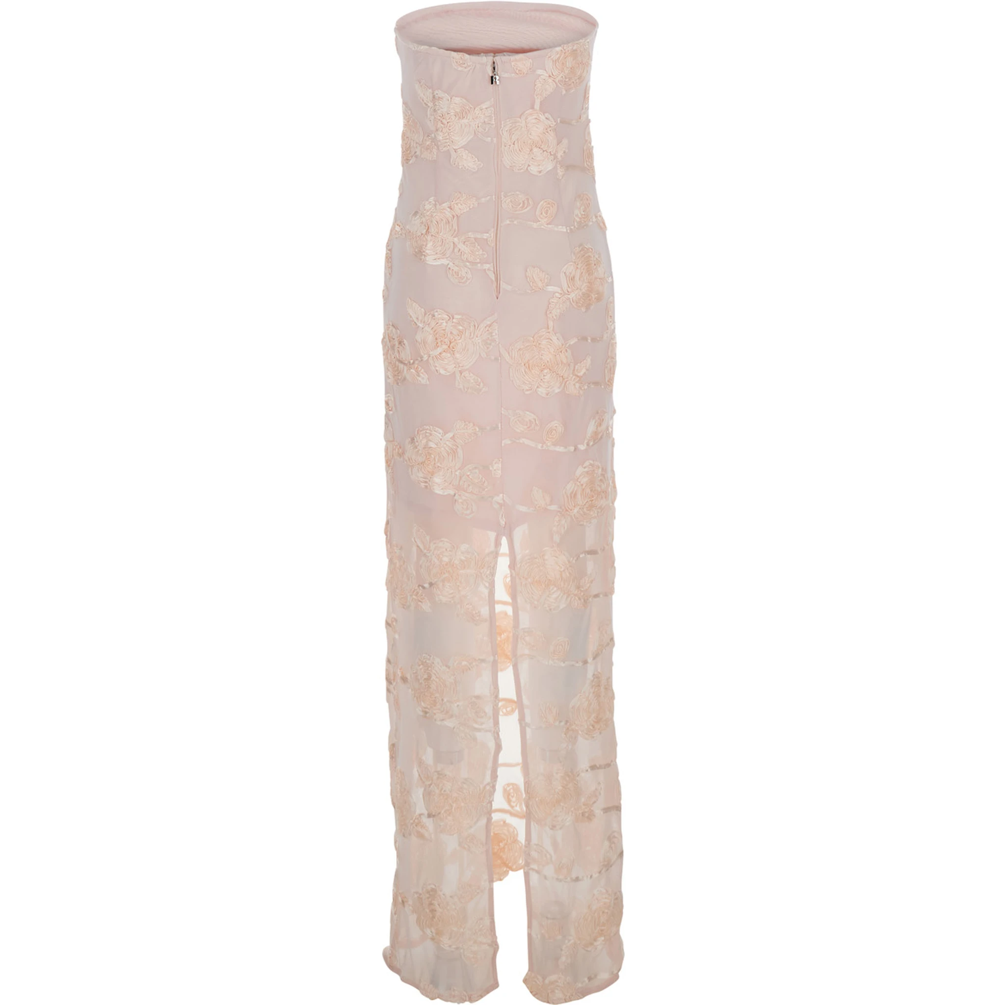 Pink Off-Shoulder Sleeveless Long Dress with All-Over Floral Embroidey and Rear Single Slit in Tech Fabric Stretch Woman